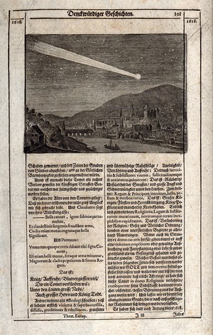 view Astronomy: comets in a night sky appearing over Heidelberg in 1618. Engraving.