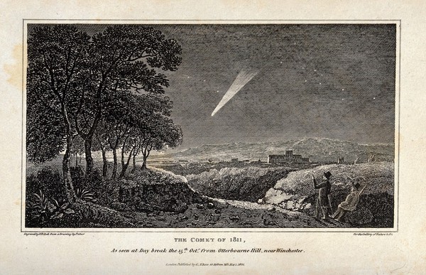 Astronomy: a large, bright, comet in the night sky over Winchester, being observed by two men. Engraving by H.R. Cook, 1811, after Pether.