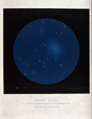 view Astronomy: stars in the night sky, with Encke's comet. Coloured engraving by J. Basire, 1851 after C. Piazzi Smyth.