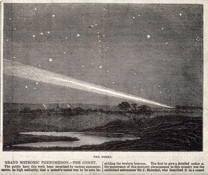 view Astronomy: a comet in the night sky. Wood engraving, ca. 1860.