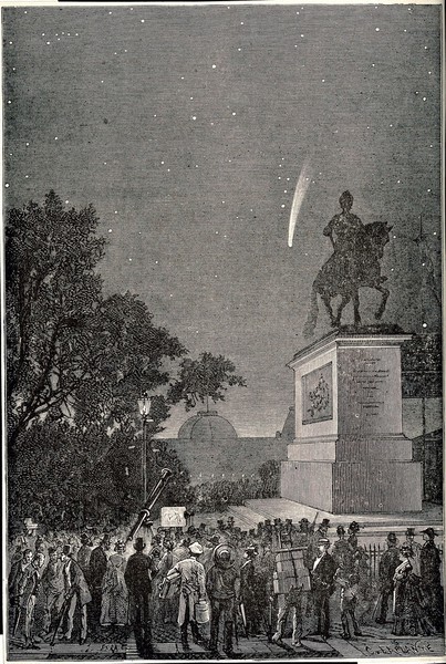 Astronomy: a crowd in Paris observing Coggia's comet in 1874. Wood engraving by J.D. Férat, 1875.