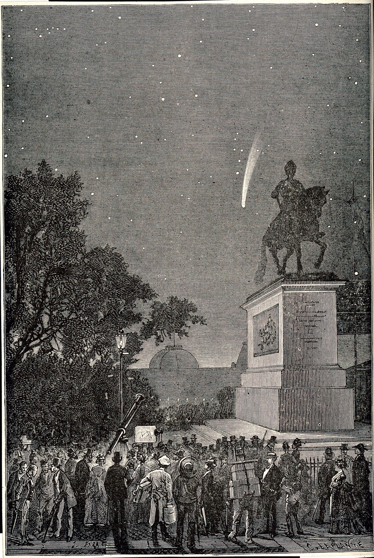 Astronomy: a crowd in Paris observing Coggia's comet in 1874. Wood engraving by J.D. Férat, 1875., 1875, by Jules Férat
