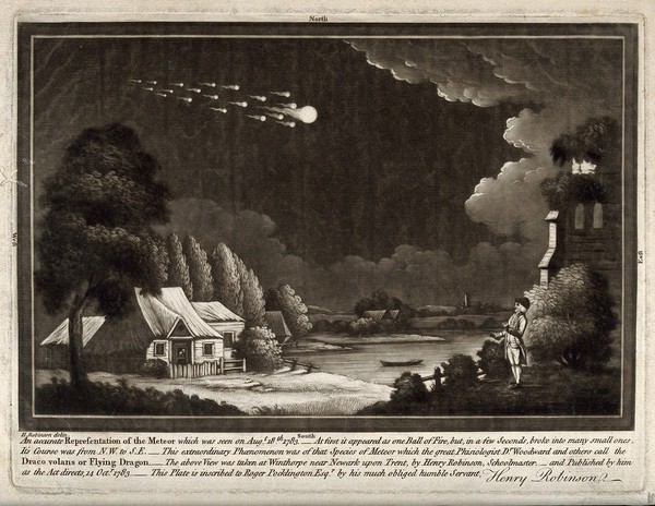 Astronomy: a meteor shower in the night sky. Mezzotint after H. Robinson, 1783.