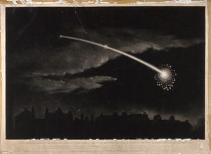 view Astronomy: a meteor in the night sky over London. Mezzotint by M.C. Wyatt, 1850.