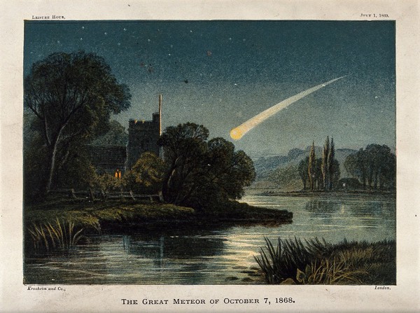 Astronomy: a meteor in the night sky. Colour engraving, 1868.