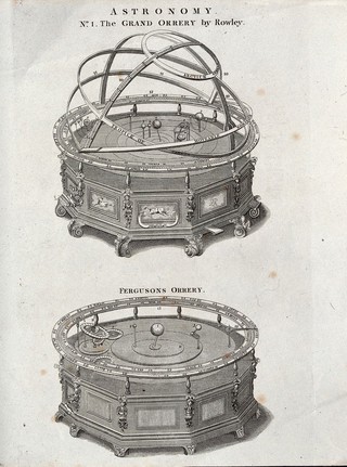 Astronomy: a large orrery, mounted on a dodecahedral base, decorated with signs of the zodiac. Engraving.