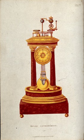 Clocks: an elaborate astronomical mantel clock. Coloured lithograph, [c.1875?].