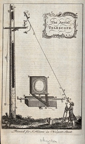 Astronomy: a large aerial (tubeless) telescope, in use by an astronomer. Engraving, 1757, after Ph. de La Hire.