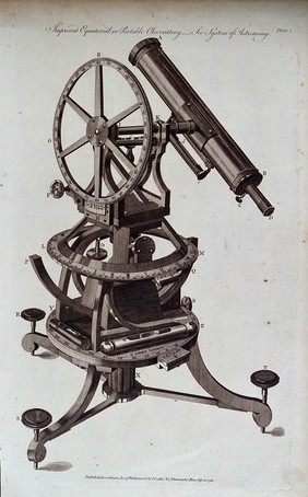 Astronomy: a large portable refracting telescope. Engraving.