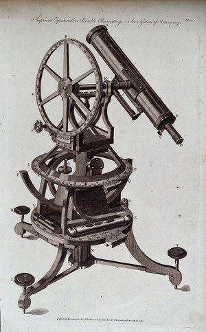 view Astronomy: a large portable refracting telescope. Engraving.