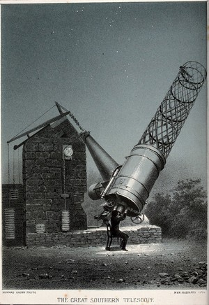 view Astronomy: the Great Melbourne Telescope, in use outdoors. Colour lithograph after H. Grubb.