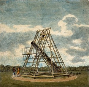 view Astronomy: a 40-foot telescope constructed by William Herschel, in use outdoors. Coloured etching, 18--.