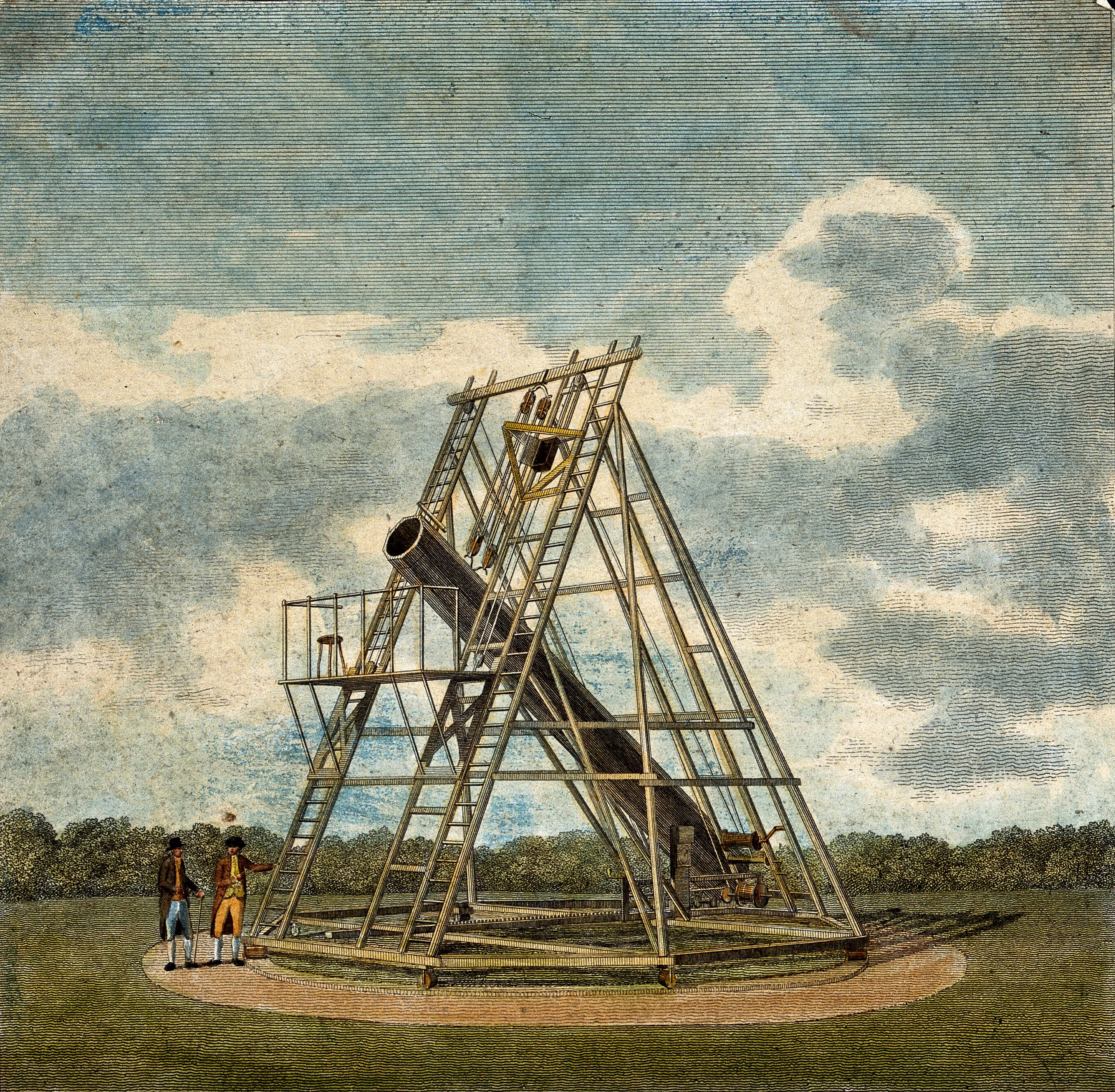 hoek pijpleiding experimenteel Astronomy: a 40-foot telescope constructed by William Herschel, in use  outdoors. Coloured etching, 18--. | Wellcome Collection