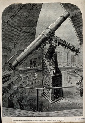 Astronomy: a large refracting telescope constructed by Howard Grubb at Rathmines, Dublin. Wood engraving by W.J. Mosses, 1881, after F.W. after G. Browning.