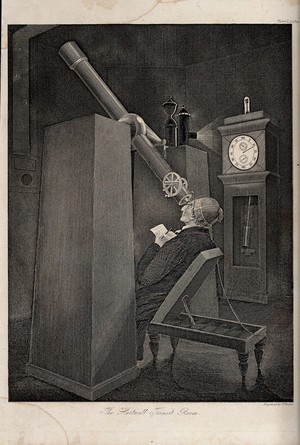 view Astronomy: an observatory telescope, with an astronomer recording the transit of Venus. Engraving by James Basire.