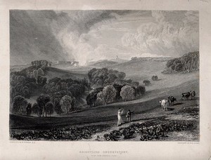 view Astronomy: a woman walking on a hillside near below Brightling Observatory, East Sussex. Engraving by W.B. Cooke, 1819, after J.M.W. Turner.