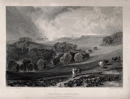 Astronomy: a woman walking on a hillside near below Brightling Observatory, East Sussex. Engraving by W.B. Cooke, 1819, after J.M.W. Turner.