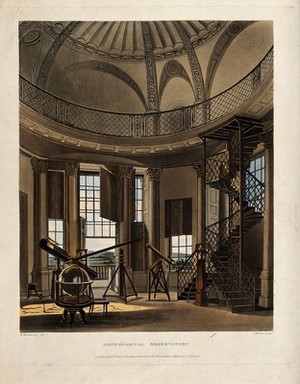 view Astronomy: interior of the Radcliffe Observatory, Oxford. Coloured aquatint by J. Bluck, 1813, after F. Mackenzie.
