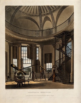 Astronomy: interior of the Radcliffe Observatory, Oxford. Coloured aquatint by J. Bluck, 1813, after F. Mackenzie.
