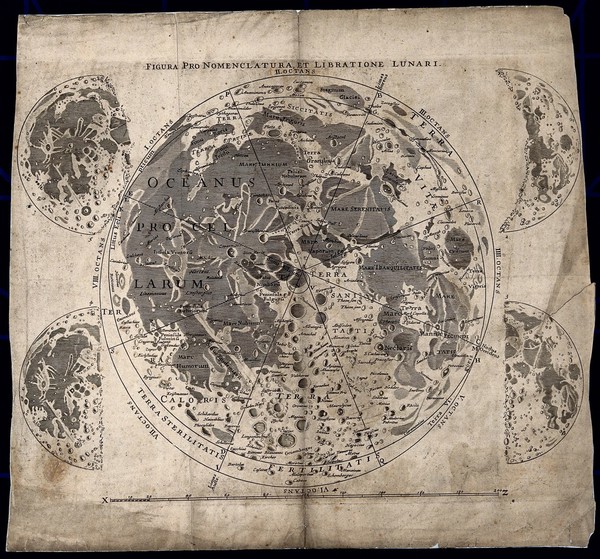 Astronomy: the surface of the moon. Engraving.