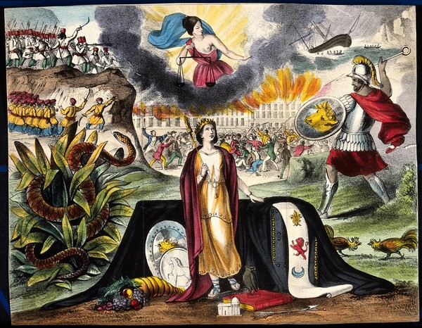 Astronomy: various apocalyptic scenes, including riot, war, and shipwreck. Coloured lithograph, [c.1850?].