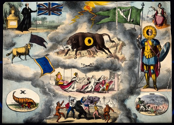 Astronomy: various apocalyptic scenes, including riot, war, and shipwreck. Coloured lithograph, [c.1832?].