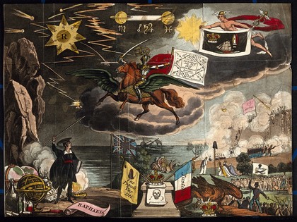 Astronomy: various apocalyptic scenes, including war, and shipwreck. Coloured lithograph, [c.1832?].