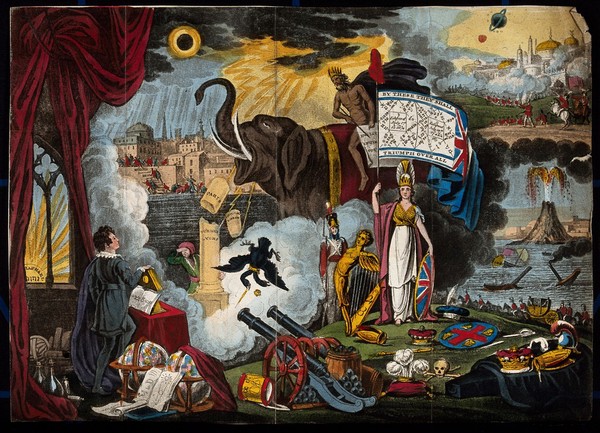 Astronomy: various apocalyptic scenes, including a volcanic eruption, war, and shipwreck. Coloured lithograph, [c.1833?].