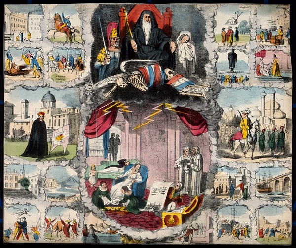 Astronomy: various apocalyptic scenes, including earthquake, war, and shipwreck. Coloured lithograph, [c.1833?].
