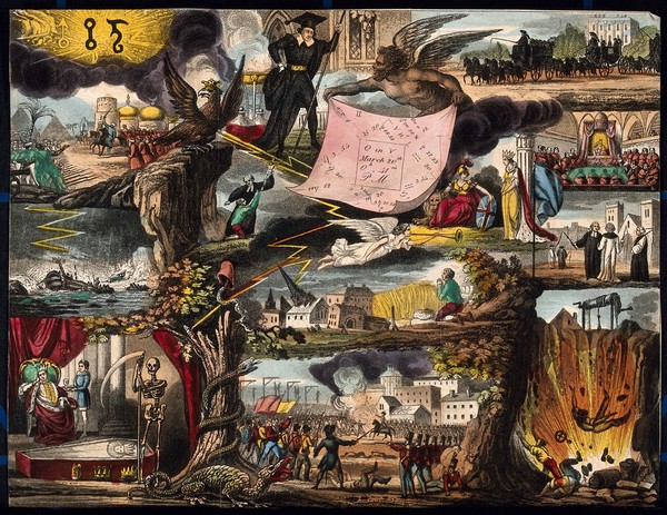 Astronomy: various apocalyptic scenes, including earthquake, war, and shipwreck. Coloured lithograph, [c.1833?].