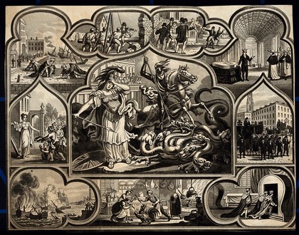 Astronomy: various apocalyptic scenes, including a funeral, war, and riotous assembly. Lithograph, [c.1836?].
