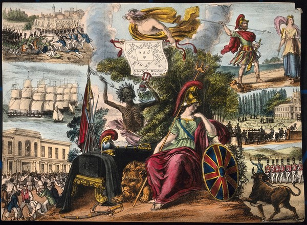 Astronomy: various apocalyptic scenes, including a funeral, war, and riotous assembly. Coloured lithograph, [c.1838?].
