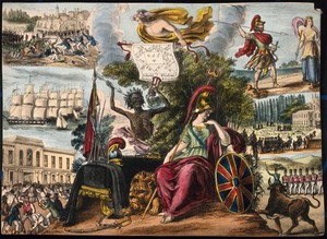 view Astronomy: various apocalyptic scenes, including a funeral, war, and riotous assembly. Coloured lithograph, [c.1838?].