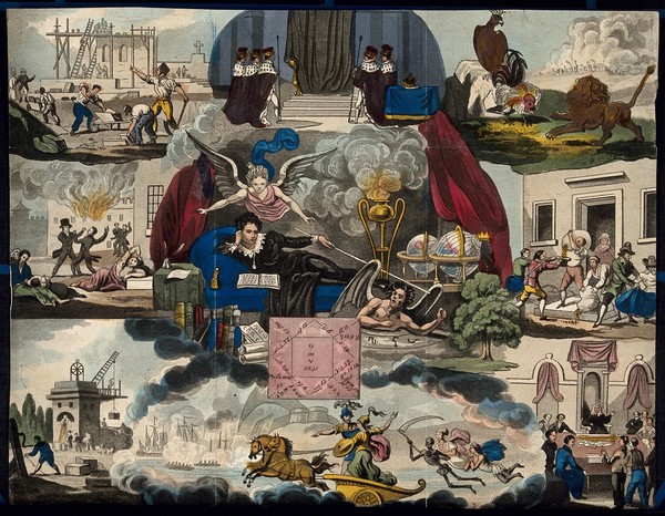 Astronomy: various apocalyptic scenes, including a fire, war, and a necromancer conjuring a demon [?]. Coloured lithograph, [c.1838?].