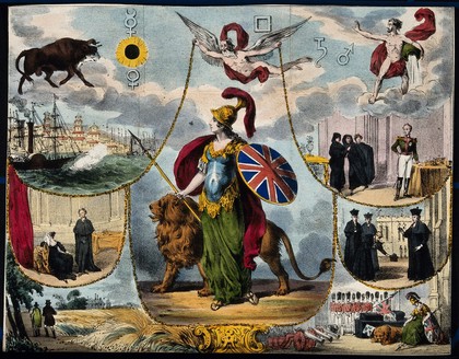 Astronomy: various apocalyptic scenes, including a grieving widow, war, and the Duke of Wellington rejecting Harriet Winter [?]. Coloured lithograph, [c.1839?].