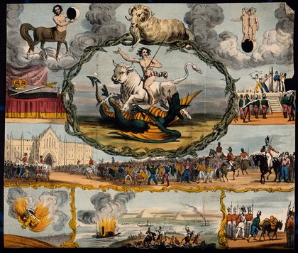 Astronomy: various apocalyptic scenes, including a flogging, a mob by the Palace of Westminster [?], a soldier being cashiered, and a paddle-steamer exploding on the Nile. Coloured lithograph, [c.1844?].