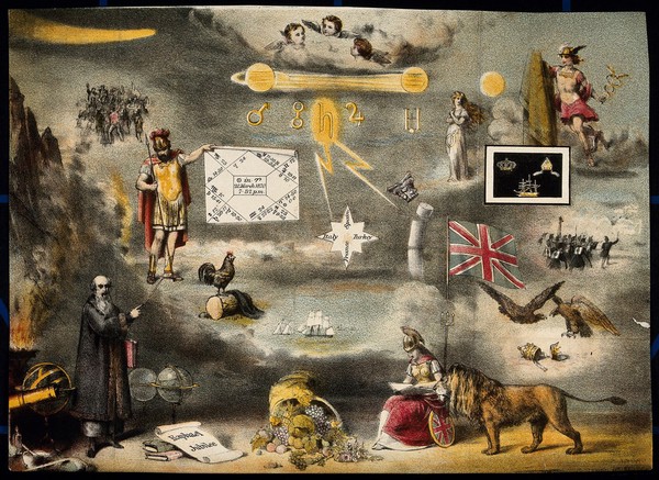 Astronomy: various apocalyptic scenes, including a comet, lightning,Mercury in his winged helmet holding his caduceus, Britannia with her shield, a lion, at cockerel, Union Jack and French soldiers. Coloured lithograph, n.d. [c.1847?].
