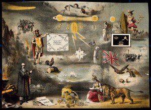 view Astronomy: various apocalyptic scenes, including a comet, lightning, and French soldiers. Coloured lithograph, [c.1847?].