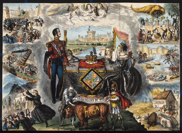 Astronomy: various apocalyptic scenes, including battles, the Royal Family looking upset [?], a mob being addressed by preachers, fire, and shipwreck. Coloured lithograph, [c.1853?].