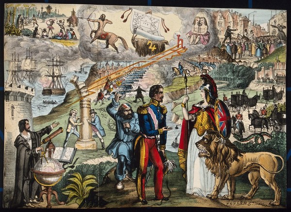 Astronomy: various apocalyptic scenes, including Napoleon III addressing Britannia, a land battle, a mob being addressed by rival orators in the City of London, and a naval battle. Coloured lithograph, [c.1854?].