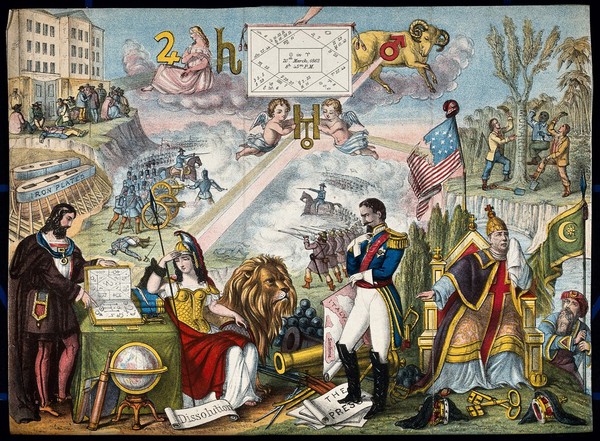 Astronomy: various apocalyptic scenes, including Napoleon III, a weeping Queen Victoria, an assassination [?], and a battle in Russia. Coloured lithograph, [c.1861?].