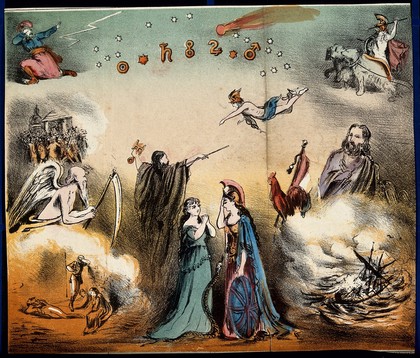 Astronomy: various apocalyptic scenes, including an shipwreck, a mob by St Paul's Cathedral, people dying from Cholera [?], and Hibernia pleading with Britannia [?]. Coloured lithograph, [c.1872?].