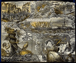 view Astronomy: various apocalyptic scenes, including an astrologer/alchemist in his study, a mob addressed by rival orators, a sea battle, and a battle in Africa. Coloured lithograph, [c.1872?].