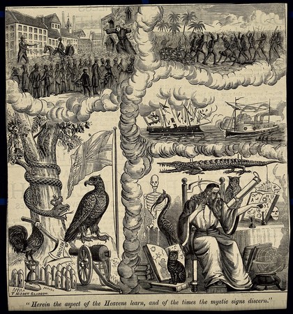Astronomy: various apocalyptic scenes, including an astrologer/alchemist in his study, a mob addressed by rival orators, a sea battle, and a battle in Africa. Wood engraving by T. Nisbet, [c.1887?].