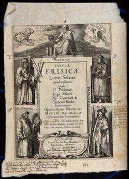Astronomy: five astronomers, forming the allegorical titlepage to N. Mulerius,Tabulae frisicae lunae-solares quadruplices. Engraving, 1611.