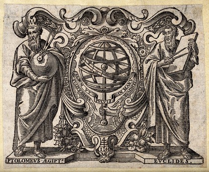 Astronomy: Ptolemy and Euclid with an armillary sphere between them. Engraving.