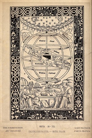 view Astronomy: Ptolemy and Johannes Regiomontanus, seated with an armillary sphere and the heavens above them. Process print, 1879, after a woodcut, 1543.
