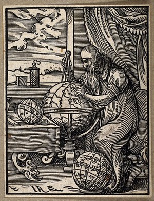 view An astronomer and astrologer in his study, plotting points on a globe with a pair of dividers. Woodcut by J. Amman, 1568.