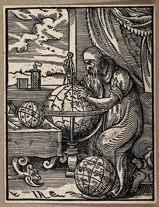 An astronomer and astrologer in his study, plotting points on a globe with a pair of dividers. Woodcut by J. Amman, 1568.