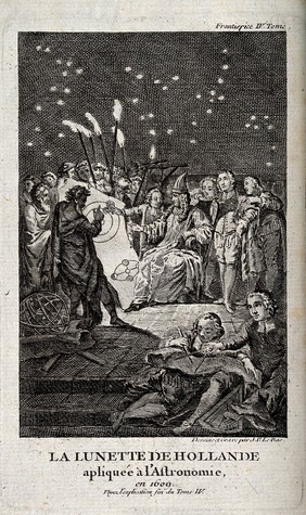 Astronomy: Galileo, after using the telescope on the bell-tower of St Mark's Square, Venice, demonstrates his findings to the Doge, 1609. Engraving by J. P. Le Bas after himself, 1739.